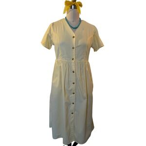 Vintage Butter Yellow 1980s FADS Yellow Cotton Button Front Day Dress SZ -Small